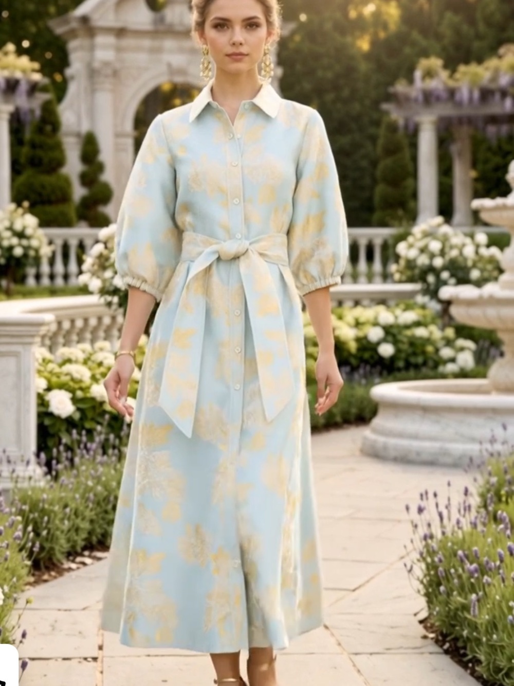 Trish Scully Florence Dress Sky Blue Gold Floral Brocade Event Dress Womens M